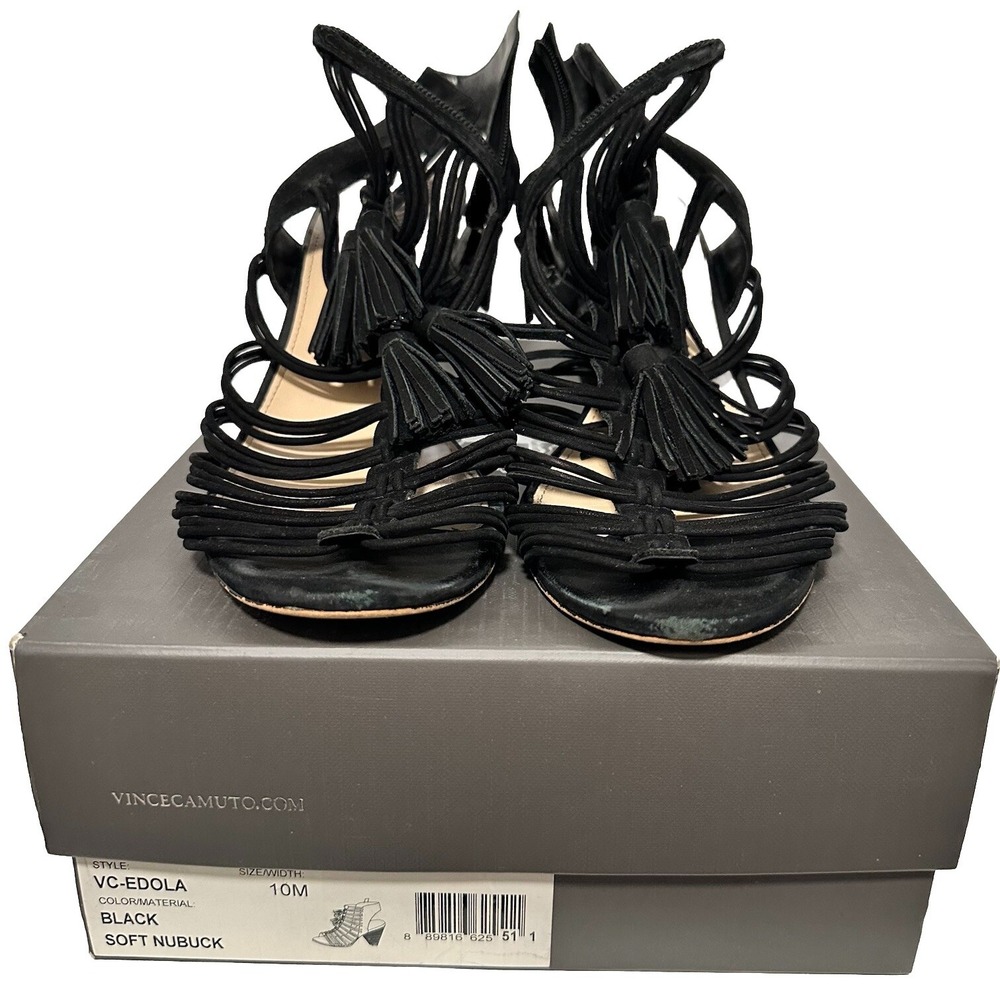 Vince Camuto Heel Black Suede 10M Edola Gladiator Peep Toe Sandal Ankle Zip Shoe